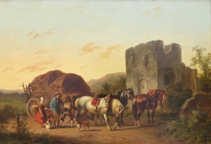 Contadini con carri da fieno al tramonto